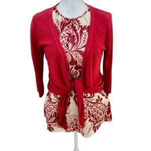 DKNY 100% silk sleeveless printed blouse & cardigan sweater burnt red sz small/8